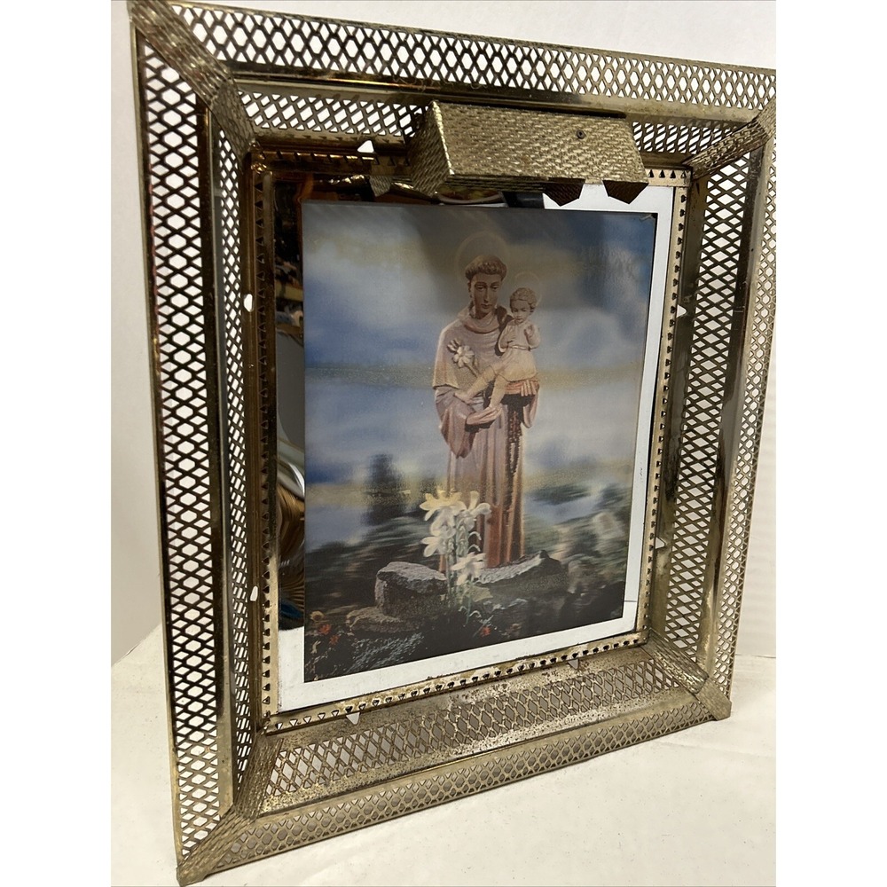 3D Lenticular St Anthony Holding Child Jesus Gold Metal Frame Hologram Art